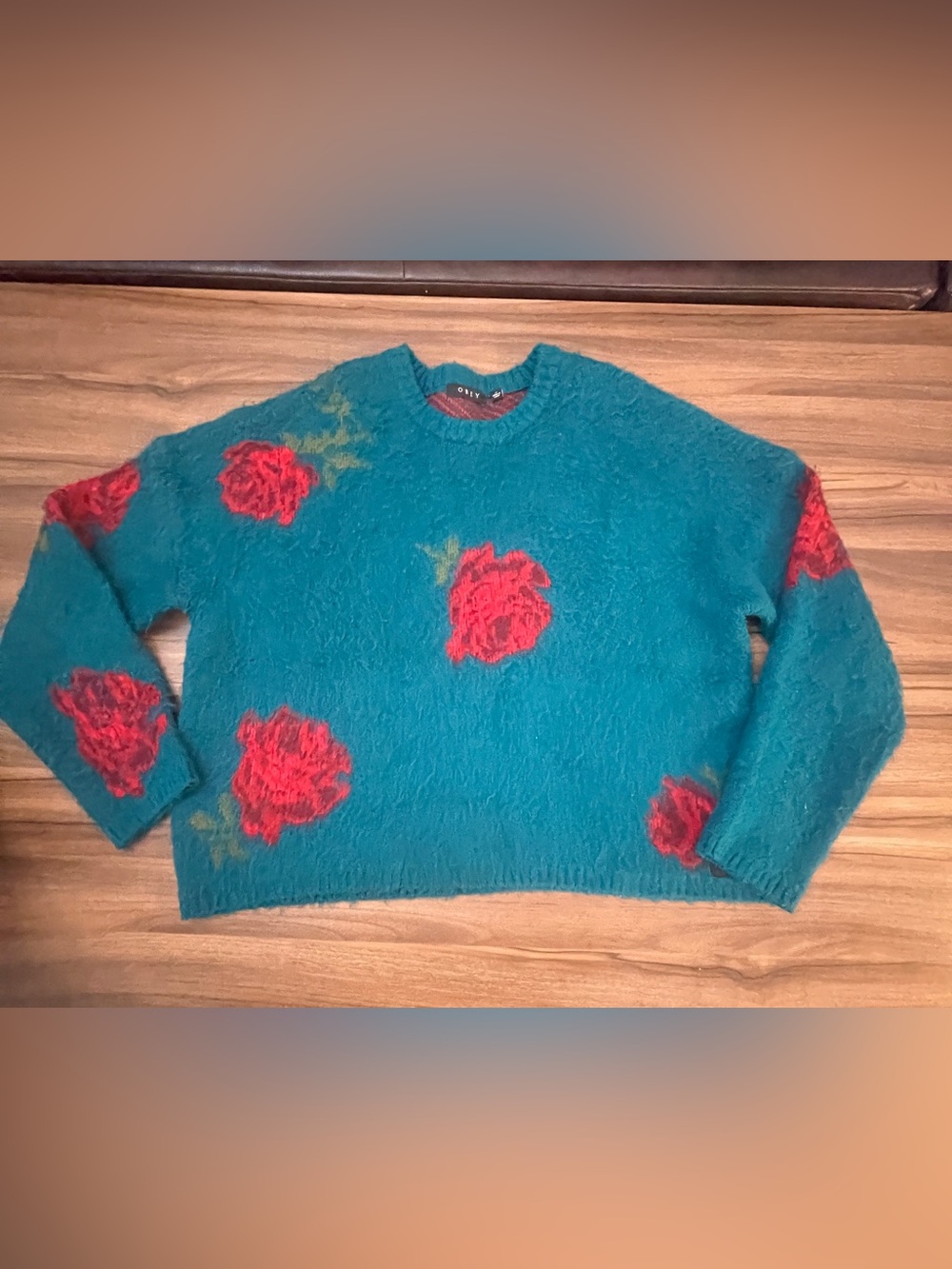 Obey Rare Teal Rhyme Rose Furry Crewneck Sweater with Red Rose Motifs M